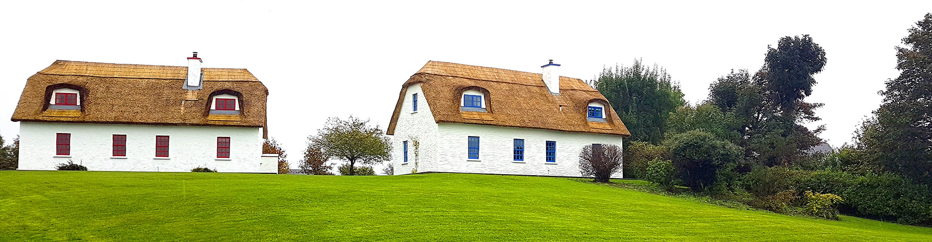 Irish cottages on rolling green hill